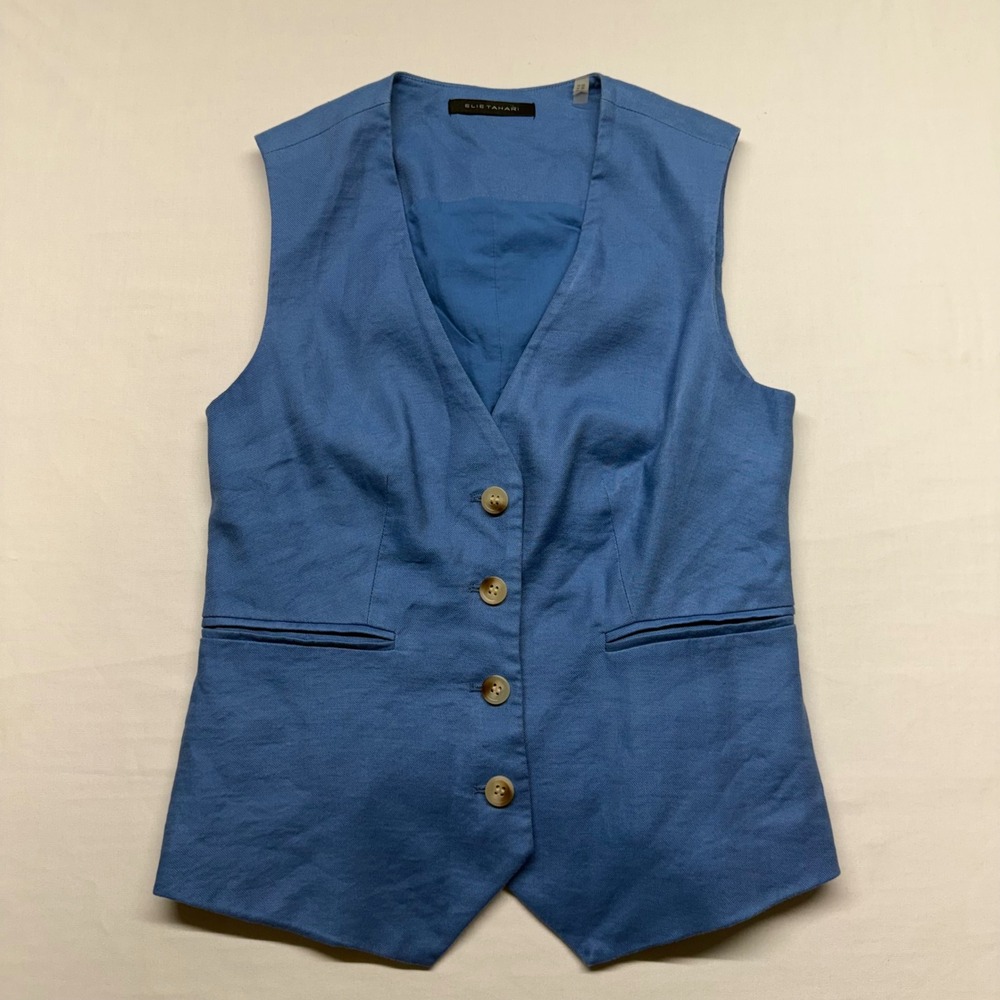 Linen Blend Blue Tailored Vest Minimalist‎ Coastal Waistcoat XS